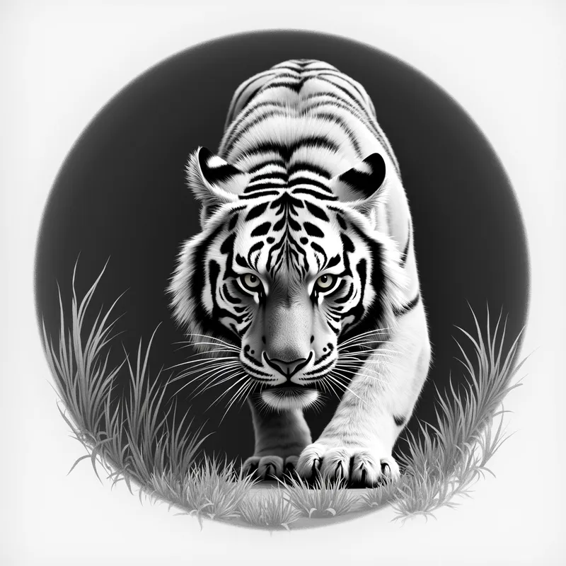 Circular Grayscale Pencil Tiger Stalking - circle grayscale detailed realistic pencil drawing of  tiger stalking the camera - AI image generated with Photorealistic 2