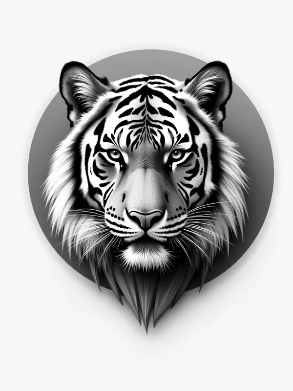 Circular Pencil Tiger Head - a circular grayscale realistic pencil drawing of a tiger head with a white background - AI image generated with Photorealistic 2