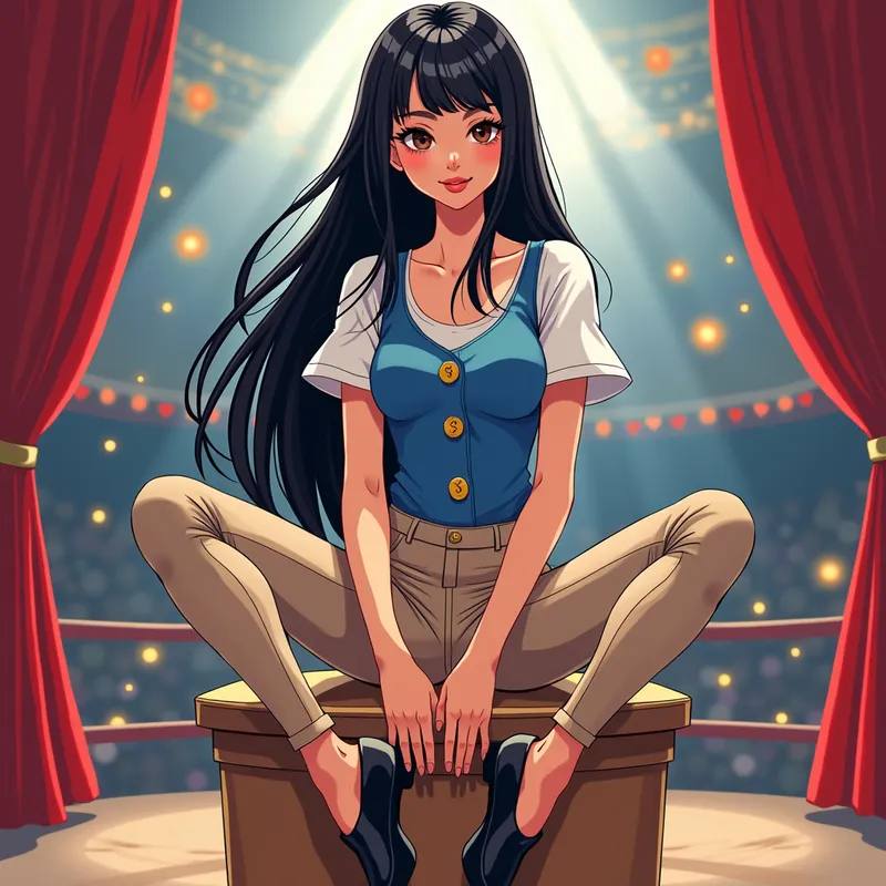 Circus Ballet - An anime-style digital painting featuring a ballerina with long, silky black hair. She is wearing a blue button vest with white sleeves, beige leather jeans, and black ballet pointe shoes, and is seated elegantly on a stand in the middle of a circus ring. - AI image generated with Photorealistic 2 - alcohol ink, cartoony, colorful