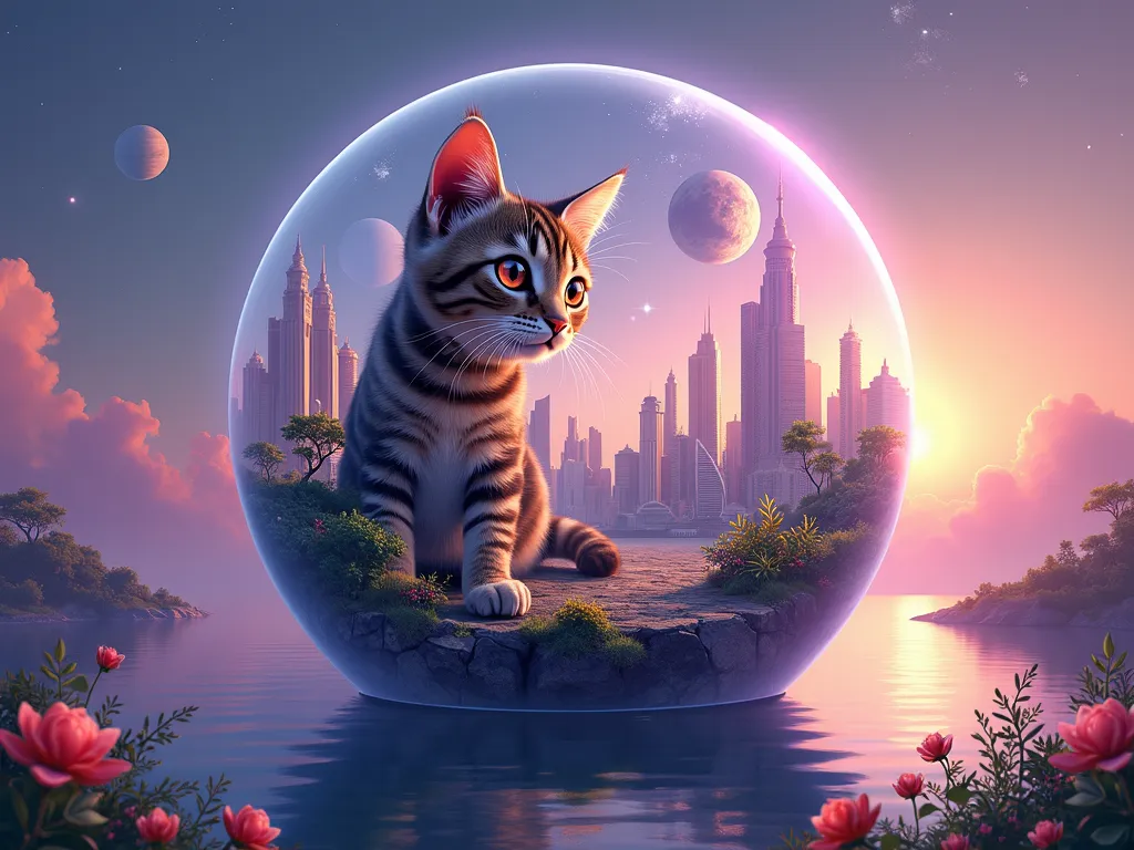City Cosmos: Tabby Twilight - Realistic planetary system inside a city contained in a single glass globe, photorealistic and intricate. Stellar lighting with ray tracing, bokeh, uniform background, and sunset light. Surreal, dreamlike, soft concept art with reflections in water and purple mist. In the foreground, detailed and colorful painting of a Loish-style tabby cat with perfect cat eyes, vibrant pastel colors, sharp lines, foliage, and flowers. - AI image generated with Photorealistic 2 - photorealistic, vivid colors, Michelangelo