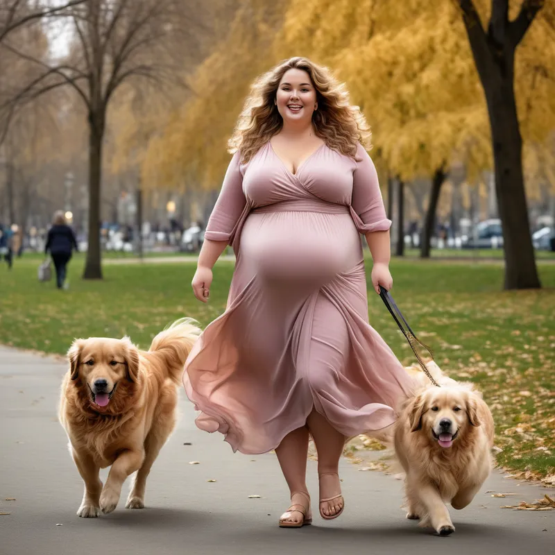 City Park Grace - A highly detailed full-body realistic image of a beautiful 30-year-old plus-size woman with a larger tummy and flowing wavy hair walking gracefully through a bustling urban park with a happy golden retriever at her side. She wears fashionable elegant clothing that complements her figure and full glamorous makeup. The park is alive with movement, with passersby and city activity rendered in soft motion blur, while she remains the crisp focal point. Green trees, paved pathways, and tall buildings in the distance. Natural daylight, candid street-photo aesthetic, realistic textures, lifelike proportions, soft cinematic background blur, high-resolution. - AI image generated with Photorealistic