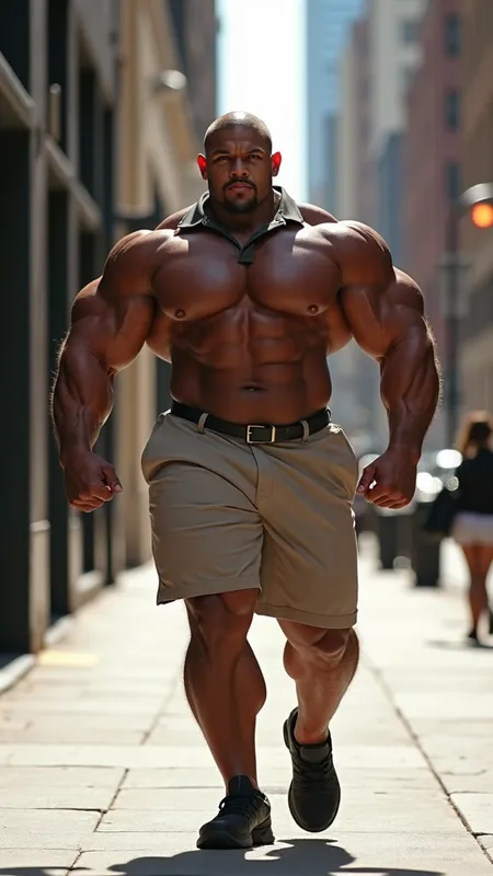 City Street Muscular Titan - Ultra-detailed, hyper-realistic studio photograph of an **incredibly massive, attractive, oversized, super-heavyweight IFBB professional bodybuilder** at peak contest condition, striking a flawless front-double-biceps pose. He is walking down a city street on the sidewalk.
Physique: 5'5″, ~400 lb of granite-hard muscle, paper-thin skin revealing extreme vascularity snaking across colossal 30" arms, boulder delts, cannonball traps, striated chest, razor-sharp eight-pack, and feathered quads.  
Expression & vibe: sexy seductive smile, eyes locked on camera, radiating unstoppable power.  Extremely attractive face, hairless body
Wardrobe & oil: Wearing a very tight polo shirt. Wearing short khaki shorts stretched tightly on his quads  
Lighting: dramatic three-point setup — bright key light camera left, soft fill to the right, crisp rim light outlining shoulders and lats, casting subtle shadows to emphasize depth and separation.  
Background: city street sidewalk
Camera & render: Nikon Z9 DSLR, 85 mm f/1.4 prime lens, aperture f/2.8, ISO 100, 1/250 s.  
Quality tags: 8 K resolution, HDR, wide-gamut color, cinematic realism, studio photography, impeccable focus, zero noise.
 - AI image generated with Photorealistic 2