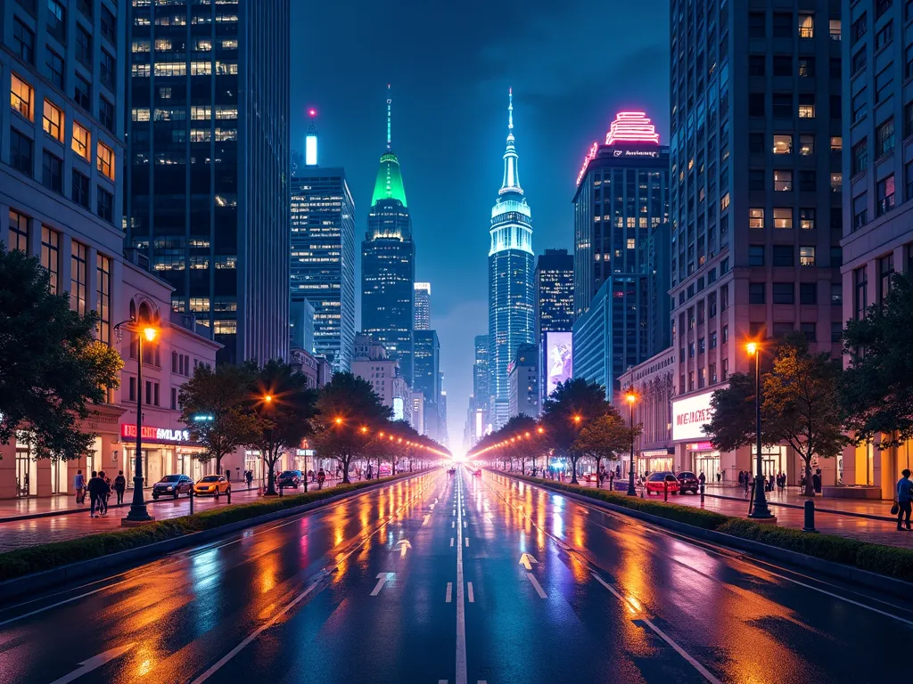 Cityscape Dream - An urban-themed desktop image showcasing a vibrant nighttime cityscape with illuminated skyscrapers and bustling streets, reflecting the lively energy of city life. - AI image generated with Photorealistic 2