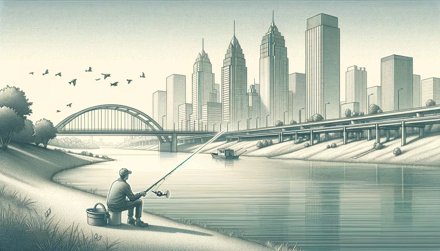 Cityside Angler - A person fishing on the bank of a river that runs through a bustling city. Skyscrapers and bridges are visible in the background, while the river flows peacefully. - AI image generated with Art - light art style, stippling drawing, long shot