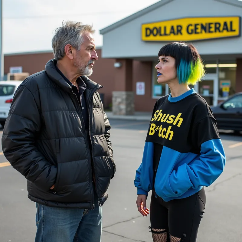 Clashing Colors, Annoyed Encounter - A homeless man talking to a white American woman with short black hair ombre to neon blue and yellow, has yellow eyes, and annoyed expression. She is wearing a short light blue lipstick, a black and blue shirt that says “Shush B*tch, torn black pants, fishnets, and black boots. They are standing outside a Dollar General - AI image generated with Photorealistic 2