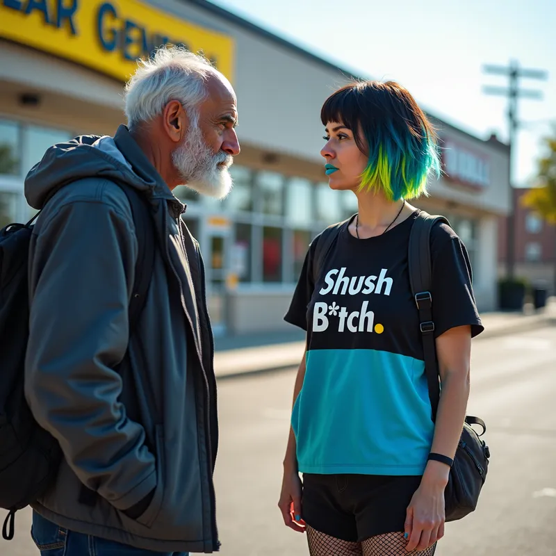 Clashing Colors, Annoyed Encounter - A homeless man talking to a white American woman with short black hair ombre to neon blue and yellow, has yellow eyes, and annoyed expression. She is wearing a short light blue lipstick, a black and blue shirt that says “Shush B*tch, torn black pants, fishnets, and black boots. They are standing outside a Dollar General - AI image generated with Photorealistic 2