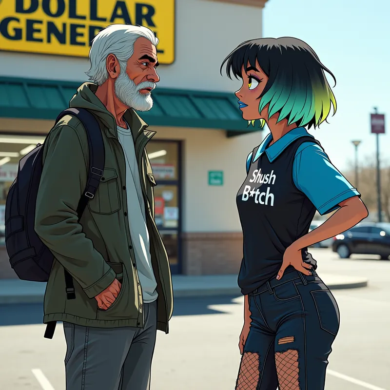 Clashing Colors, Annoyed Encounter - A homeless man talking to a white American woman with short black hair ombre to neon blue and yellow, has yellow eyes, and annoyed expression. She is wearing a short light blue lipstick, a black and blue shirt that says “Shush B*tch, torn black pants, fishnets, and black boots. They are standing outside a Dollar General - AI image generated with Photorealistic 2