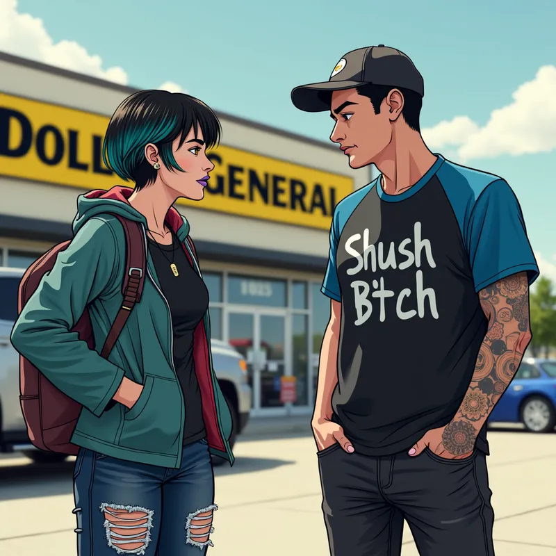 Clashing Colors, Annoyed Encounter - A homeless man talking to a white American woman with short black hair ombre to neon blue and yellow, has yellow eyes, and annoyed expression. She is wearing a short light blue lipstick, a black and blue shirt that says “Shush B*tch, torn black pants, fishnets, and black boots. They are standing outside a Dollar General - AI image generated with Photorealistic 2