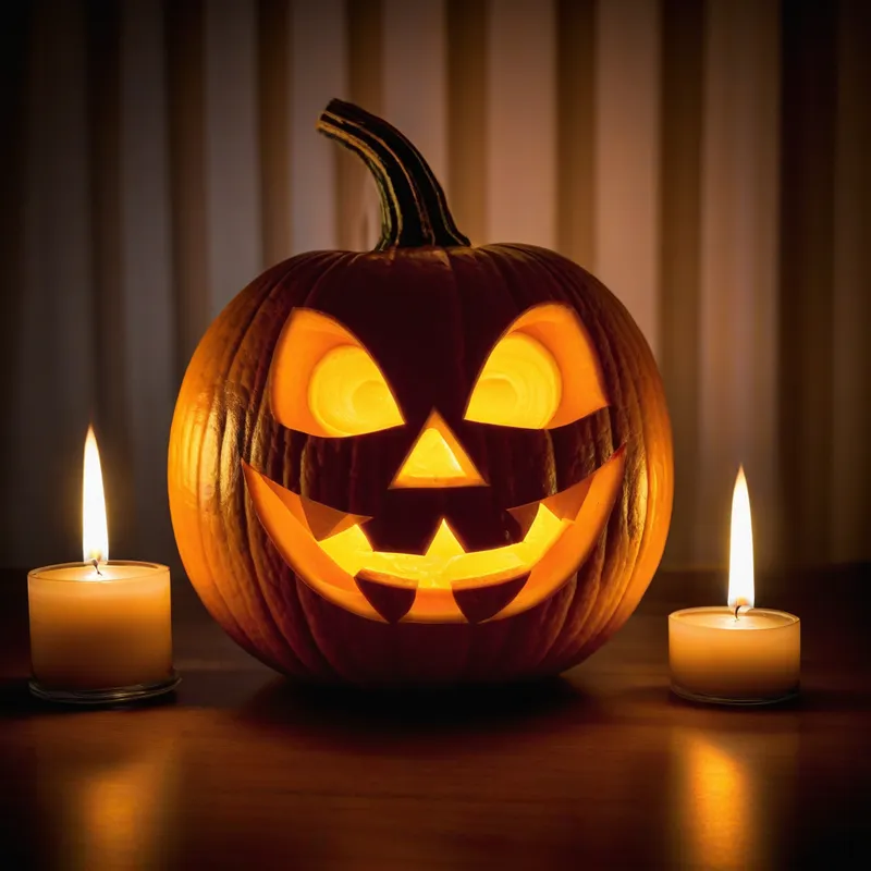 Classic Jack-O'-Lantern - A traditional Halloween pumpkin carving with a classic jack-o'-lantern face, lit by a candle inside for a warm glow. - AI image generated with Photorealistic
