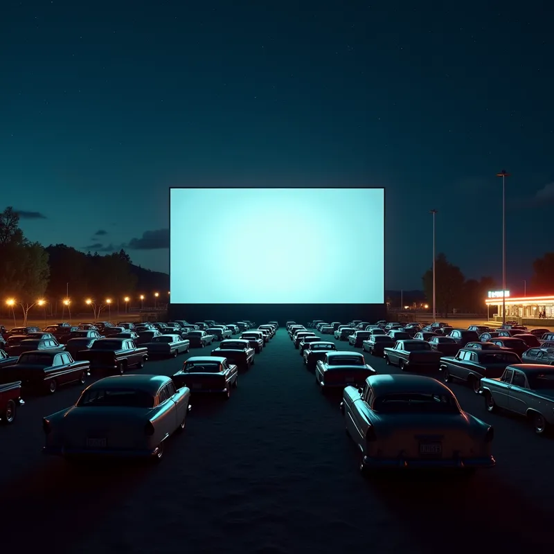 Classic Movie Night Panorama - A panoramic scene set at night in a 1950s open-air drive-in cinema: centered is a big, softly glowing blank screen, while dozens of vintage cars are parked in perfect rows as shadowy silhouettes. Scattered string lights adorn tall metal posts, and the faint neon glow of a mid-century snack bar flickers in the distance. Above, a star-filled sky and an overall cool-blue lighting bring the night to life, with a subtle white glow illuminating the screen's surface. - AI image generated with Photorealistic 2