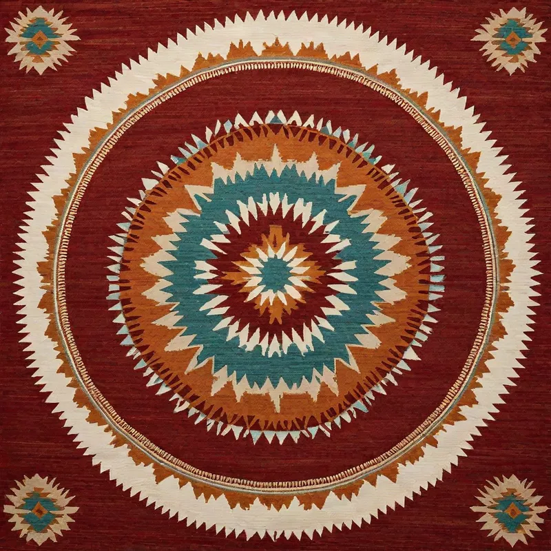 Classic Pendleton Circle - A symmetrical, circular design inspired by traditional Pendleton Aztec patterns. It showcases sharp-edged, solid geometric shapes such as triangles, diamonds, and chevrons with a realistic fabric texture. The layout is perfectly balanced in a radial format, similar to a mandala. The classic Pendleton color palette of earthy brick red, rust orange, deep turquoise, mustard gold, creamy beige, midnight blue, with black and white accents enhances its authentic, bold, and precise look, resembling a finely woven textile. - AI image generated with Photorealistic