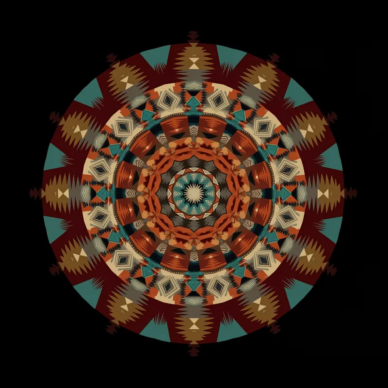Classic Pendleton Circle - A symmetrical, circular design inspired by traditional Pendleton Aztec patterns. It showcases sharp-edged, solid geometric shapes such as triangles, diamonds, and chevrons with a realistic fabric texture. The layout is perfectly balanced in a radial format, similar to a mandala. The classic Pendleton color palette of earthy brick red, rust orange, deep turquoise, mustard gold, creamy beige, midnight blue, with black and white accents enhances its authentic, bold, and precise look, resembling a finely woven textile. - AI image generated with Imagen 3