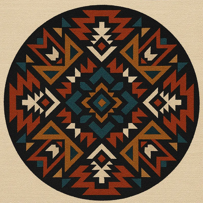 Classic Pendleton Circle - A symmetrical, circular design inspired by traditional Pendleton Aztec patterns. It showcases sharp-edged, solid geometric shapes such as triangles, diamonds, and chevrons with a realistic fabric texture. The layout is perfectly balanced in a radial format, similar to a mandala. The classic Pendleton color palette of earthy brick red, rust orange, deep turquoise, mustard gold, creamy beige, midnight blue, with black and white accents enhances its authentic, bold, and precise look, resembling a finely woven textile. - AI image generated with GPT Image
