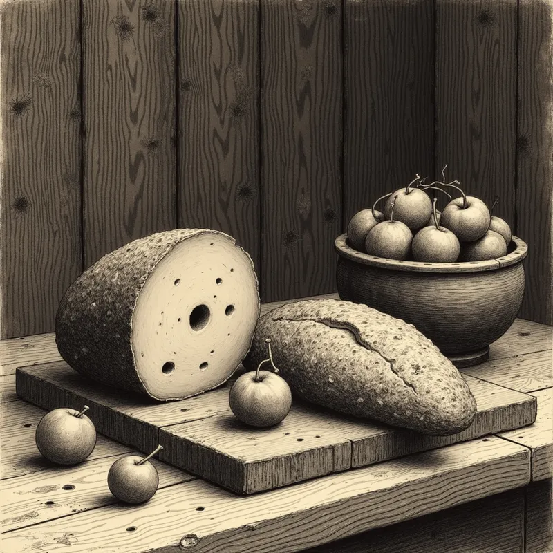 Classic Tavern Bounty - A classic old tavern atmosphere with a solid oak table laden with nourishing fare: smoky ham, a wedge of rustic cheese, a crusty loaf split open, and juicy fruit cascading from a wooden bowl, reminiscent of a medieval feast. - AI image generated with Photorealistic 2 - stippling drawing, sepia tone