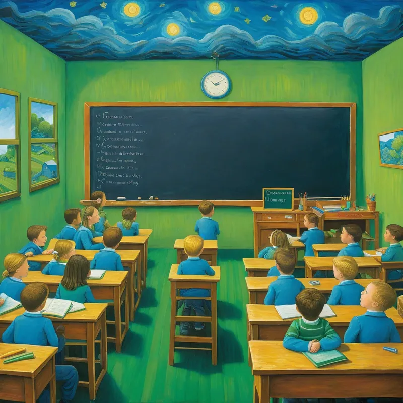 Classroom Chalkboard Cheer - david wiesner inspired cute, cheerful, blue and green, classroom without any children in it, with a chalkboard that says "Communication" in large letters on the board - AI image generated with Photorealistic - gouache technique, cartoony, Van Gogh