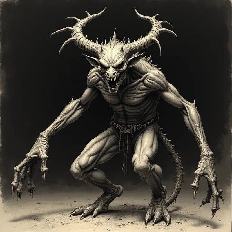 Clawed Spawn of the Void - An eyeless demon spawn with jagged horns, broad ears, gaunt body, and elongated arms with razor-sharp claws, posed menacingly in a desolate black void, dark creature design, haunting horror mood, highly detailed, cinematic composition. - AI image generated with Photorealistic 2 - stippling drawing, sepia tone