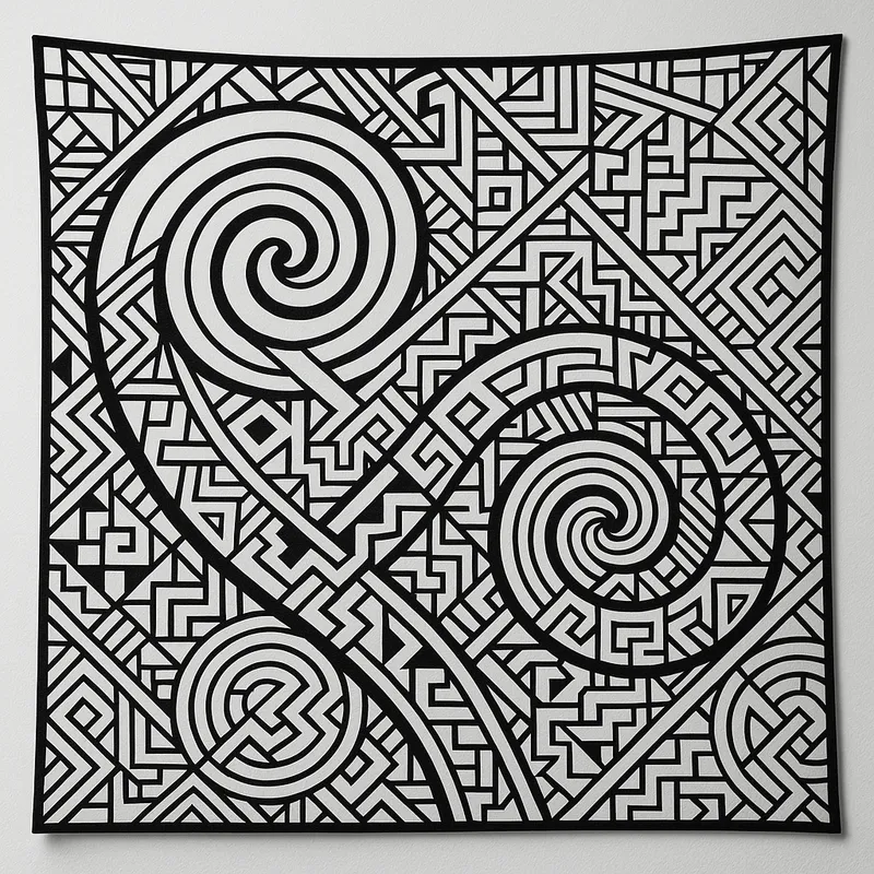 Clean Aesthetic Spiral Pattern - A modern black-and-white tapestry characterized by a fusion of spirals and interlocking geometric patterns, creating a hypnotic and sophisticated visual experience. - AI image generated with GPT Image - contour drawings