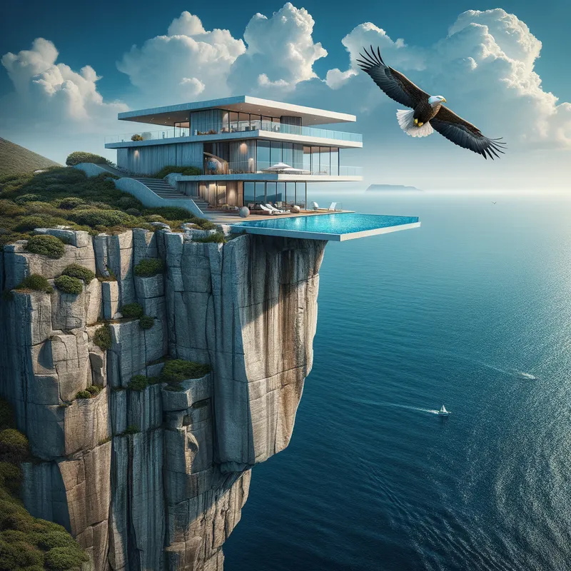 Clifftop Oasis - A stunning modern house perched atop a cliff, with a serene pool overlooking the vast ocean and an azure sky above. An eagle soars gracefully in the distance. - panoramic view