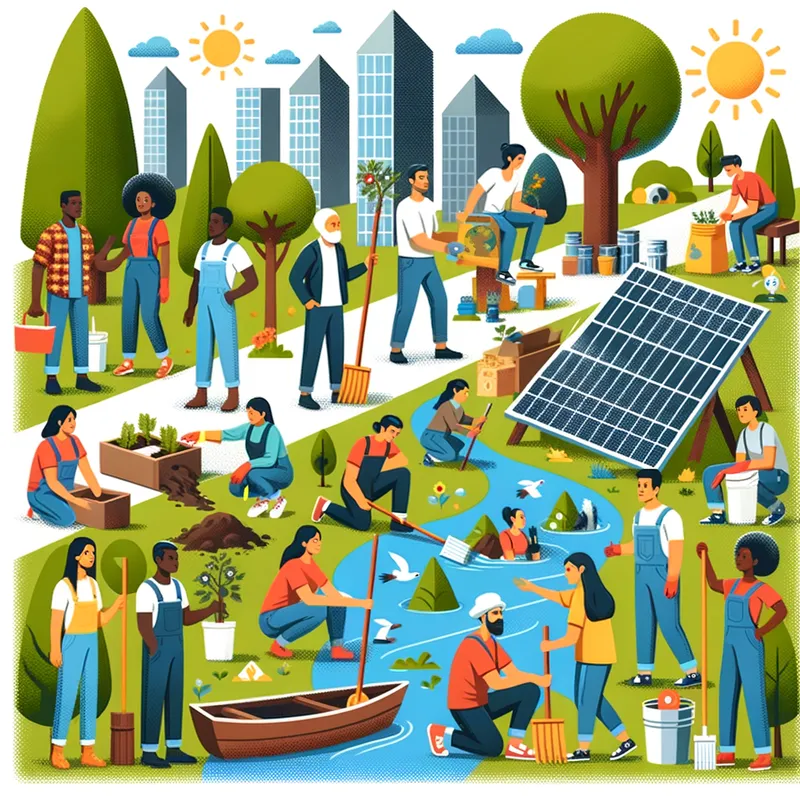 Climate Action - A hopeful image of people planting trees, installing solar panels, and cleaning a polluted river, illustrating collective efforts to combat climate change and promote sustainability. - AI image generated with Art