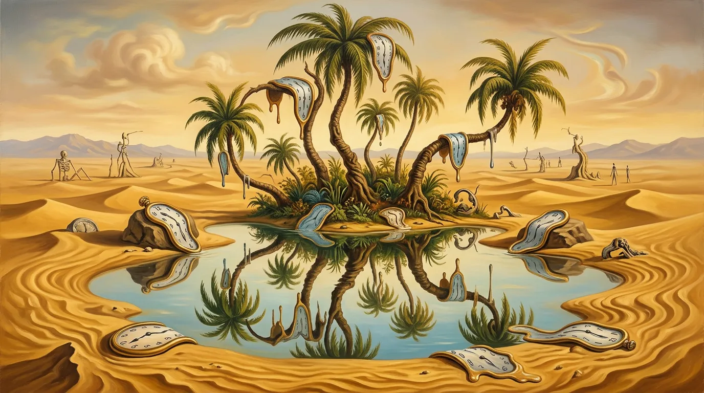 Clockwork Oasis - An oasis in the heart of a golden desert, filled with calm water that reflects melting clocks dangling from palm trees and scattered on the sand. The entire environment feels unreal and paused, as if time itself has halted and the objects have begun to lose their form. - AI image generated with Nano Banana 2 - Salvador Dali