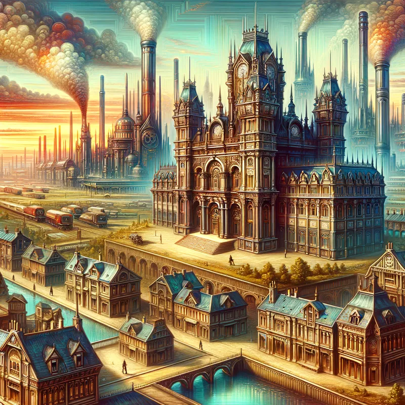 Clockwork Vision - A grand cityscape of a steampunk town, where Victorian architecture meets industrial revolution. The detailed foreground gives way to a distant battlefield, evident through explosions and plumes of smoke. - AI image generated with Art - surrealismus