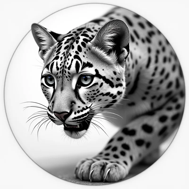 Clouded Leopard Close-Up Sketch - circular grayscale realistic pencil drawing of a clouded leopard stalking the camera - AI image generated with Photorealistic 2 - close-up, 1/3 side view