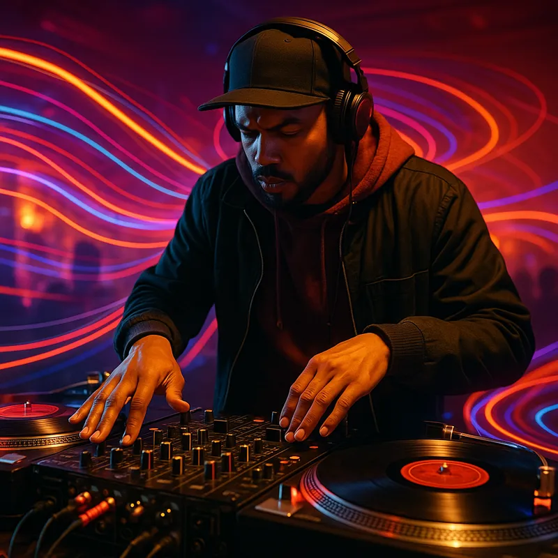 Club Rhythms - An immersive image depicting a hiphop DJ playing music on turntables in a dusky club, with streaks of colored lights moving rhythmically with the beats. - AI image generated with GPT Image