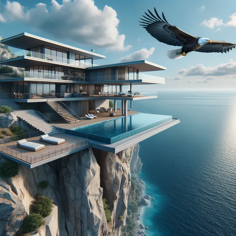 Coastal Elegance - A sleek and sophisticated home perched on a cliff, its stunning pool offering a breathtaking vista of the vast ocean and azure sky. An eagle soars effortlessly, completing the captivating panorama. - panoramic view