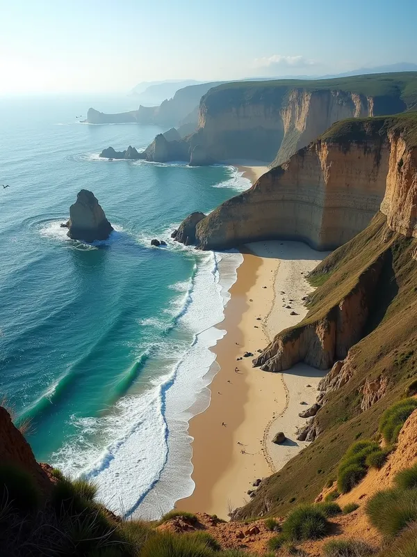 Coastal Geomorphology Panorama - A breathtaking panoramic view capturing the diverse features of coastal geomorphology. The scene includes rugged cliffs, sandy beaches, tide pools, and salt marshes, all shaped by the dynamic forces of the ocean. The interplay of light and shadows enhances the intricate patterns of erosion and deposition, with waves crashing against the shore and seabirds soaring overhead. - AI image generated with Photorealistic 2
