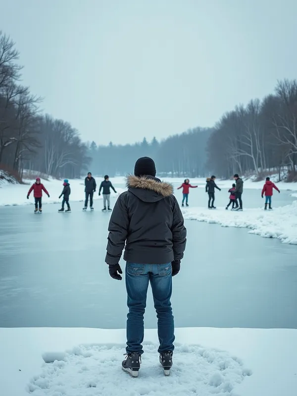 Cold Rejection - A person standing at the edge of a frozen lake, looking across to the other side where their family is ice skating and having a snowball fight. The person appears isolated and angry, their body language tense. The stark contrast between the lively family and the solitary individual emphasizes their feelings of exclusion and resentment. - AI image generated with Photorealistic 2