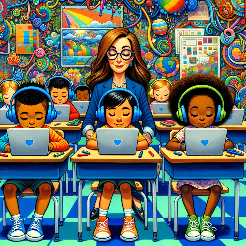 Collaborative Learning - david wiesner inspired today's 5 year old latino boy and 5 year old african american girl sitting at their table on their laptops with headphones on in a colorful blue and green classroom with a white teacher in her 50's with long brown and blonde hair and part of her hair pulled back for kids - AI image generated with Art - gouache technique, cartoony