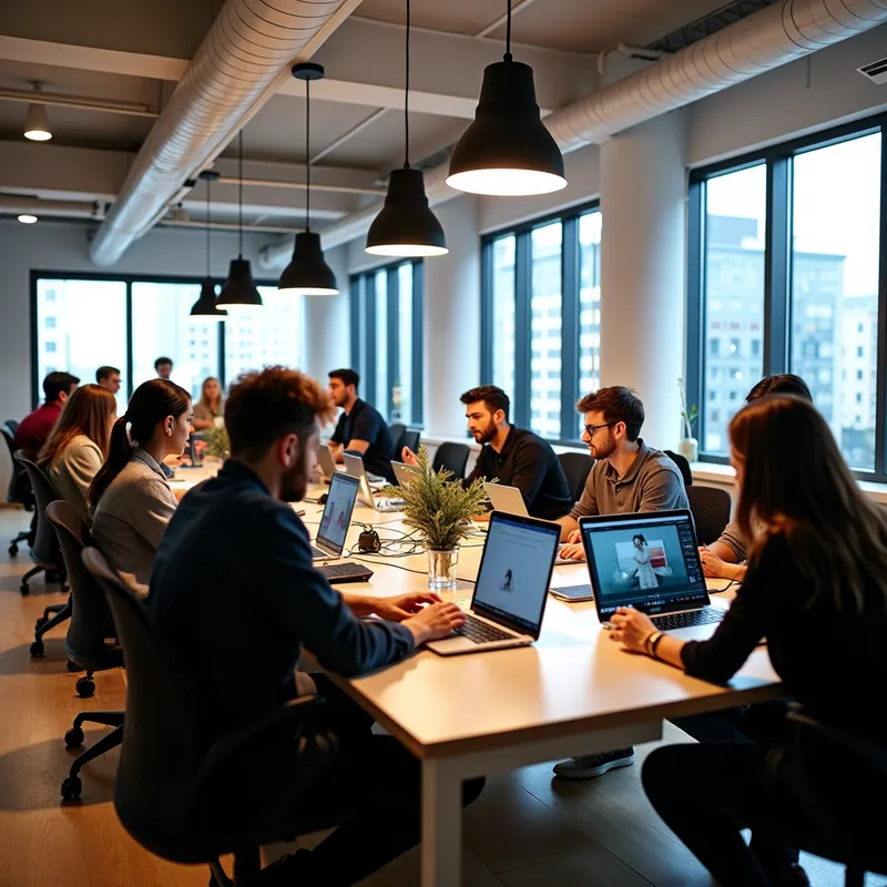 Collaborative Photo Editing Workspace - An open space designed for collaboration, filled with long tables, multiple screens, and a group of people working together on photo editing projects. The room is bright, modern, and filled with creative energy and dynamic discussions. - AI image generated with Photorealistic 2