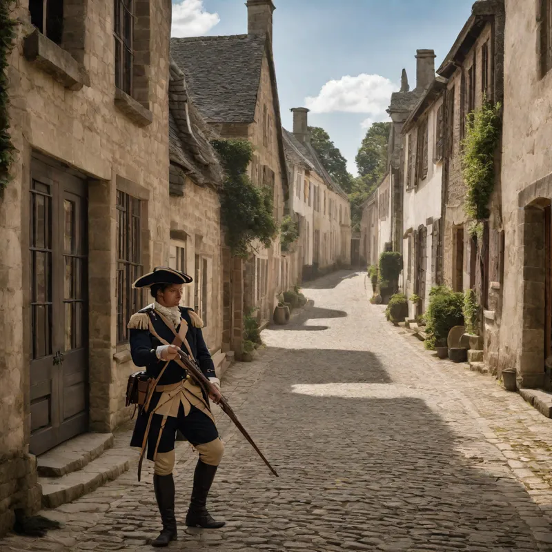 Colonial Crossbowman Patrol - An image of a uniformed colonial soldier on patrol through a cobblestone street of an 18th-century colonial town, his crossbow at the ready. The scene is filled with period-appropriate buildings and townsfolk going about their day. - AI image generated with Fictional