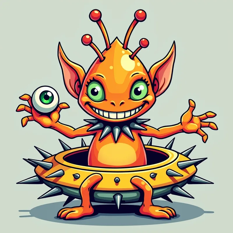 Colorful Alien in Spiked Spaceship - Detailed line art illustration A cartoonish, brightly coloured alien creature, positioned centrally in the image. The creature has a bulbous, teardrop shape body, and three large, expressive, light-green eyes. a hand extends from its head with a eyeball sitting in the palm. It is wearing a gothic collar with enormous metal spikes sticking out of it. The creature has a cheerful, grinning expression, with visible, cartoonish teeth. Its arms, also orange, are outstretched in a welcoming gesture. The creature is sitting in a brightly coloured spaceship with metal spikes sticking out from the sides. The background is a plain, light gray. The style is vibrant, playful, and exaggerated, with bold outlines and bright colors. The lighting is even, casting no significant shadows. The creature's pose is friendly and inviting. The overall impression is of a friendly, cartoon alien character. - AI image generated with Photorealistic 2