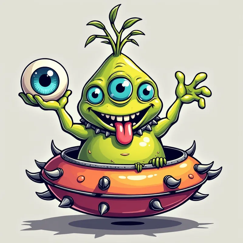 Colorful Cartoon Alien Welcomes You - Detailed line art illustration A cartoonish, brightly coloured alien creature, positioned centrally in the image. The creature has a bulbous, teardrop shape body, and three large, expressive eyes.  a hand extends from the top of  its head with a white eyeball with bright blue iris, sitting in the palm. It is wearing a gothic collar with enormous metal spikes sticking out of it. The creature has a cheerful, grinning expression, with visible, cartoonish teeth.  Its arms, also brightly coloured, are outstretched in a welcoming gesture. The creature is sitting in a brightly coloured spaceship with metal spikes sticking out from the sides. The background is a plain, light gray. The style is vibrant, playful, and exaggerated, with bold outlines and bright colors. The lighting is even, casting no significant shadows. The creature's pose is friendly and inviting. The overall impression is of a friendly, cartoon alien character. - AI image generated with Photorealistic 2