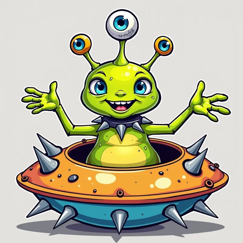 Colorful Cartoon Alien Welcomes You - Detailed line art illustration A cartoonish, brightly coloured alien creature, positioned centrally in the image. The creature has a bulbous, teardrop shape body, and three large, expressive eyes.  a hand extends from the top of  its head with a white eyeball with bright blue iris, sitting in the palm. It is wearing a gothic collar with enormous metal spikes sticking out of it. The creature has a cheerful, grinning expression, with visible, cartoonish teeth.  Its arms, also brightly coloured, are outstretched in a welcoming gesture. The creature is sitting in a brightly coloured spaceship with metal spikes sticking out from the sides. The background is a plain, light gray. The style is vibrant, playful, and exaggerated, with bold outlines and bright colors. The lighting is even, casting no significant shadows. The creature's pose is friendly and inviting. The overall impression is of a friendly, cartoon alien character. - AI image generated with Photorealistic 2