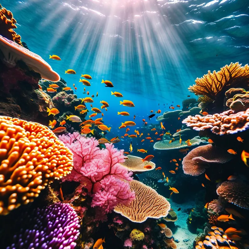 Colorful Coral Reef - A vibrant and lively coral reef bursting with bright colors and diverse marine life. The image captures the bustling activity of fish swimming in and out of coral formations, with rays of sunlight enhancing the natural beauty of the reef. - AI image generated with Nova Canvas