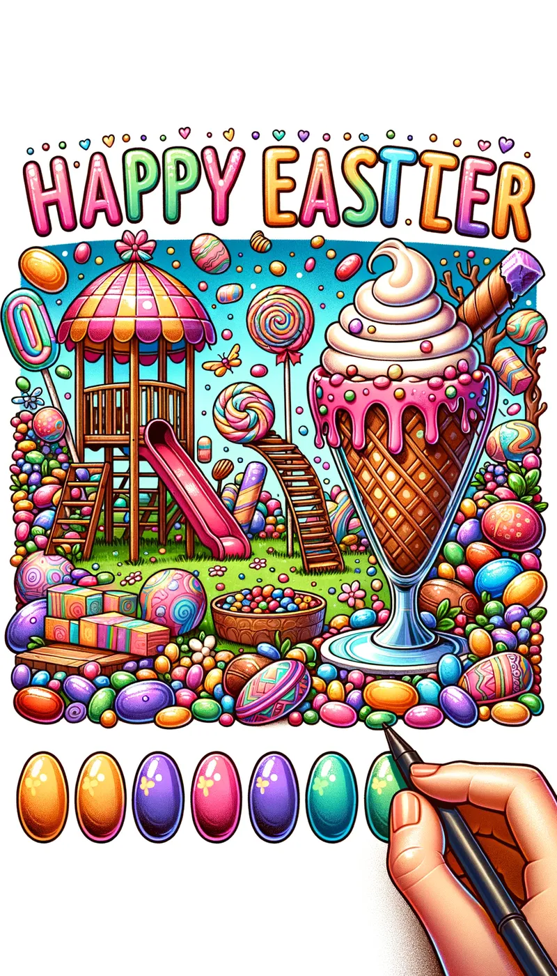 Colorful Easter Candy Fantasy - Cartoon poster of jellybean, lollipop playground, ice cream sundae, shatter ice, jellybeans, colorful Happy Easter - AI image generated with Art - colorful, cartoony, pastel colors