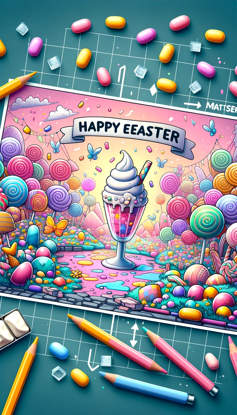 Colorful Easter Candy Fantasy - Cartoon poster of jellybean, lollipop playground, ice cream sundae, shatter ice, jellybeans, colorful Happy Easter - AI image generated with Art - colorful, cartoony, pastel colors