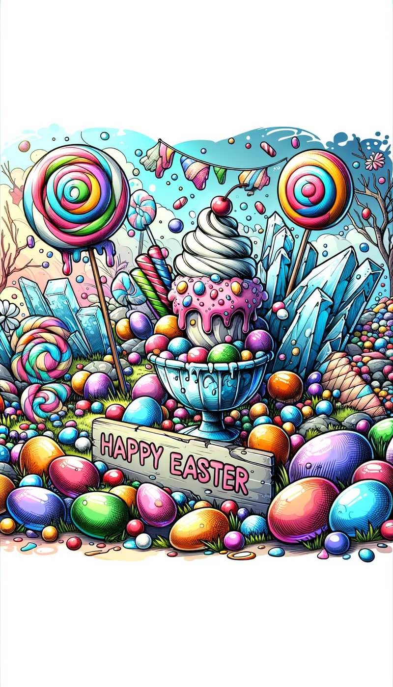 Colorful Easter Fantasy Playground - Cartoon poster of jellybean, lollipop playground, ice cream sundae, shatter ice, jellybeans, colorful Happy Easter - AI image generated with Art - colorful, cartoony, pastel colors