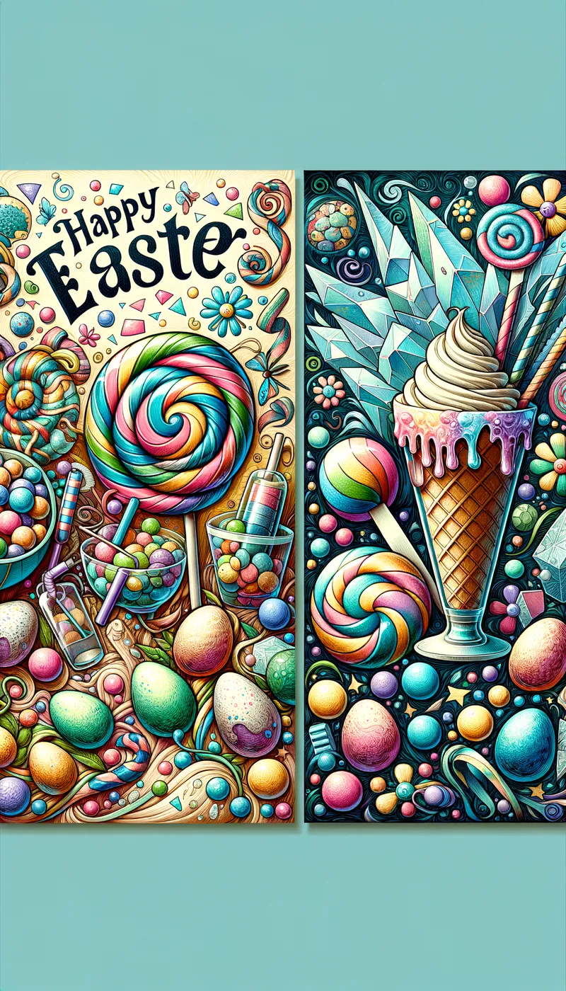 Colorful Easter Fantasy Playground - Cartoon poster of jellybean, lollipop playground, ice cream sundae, shatter ice, jellybeans, colorful Happy Easter - AI image generated with Art - colorful, cartoony, pastel colors