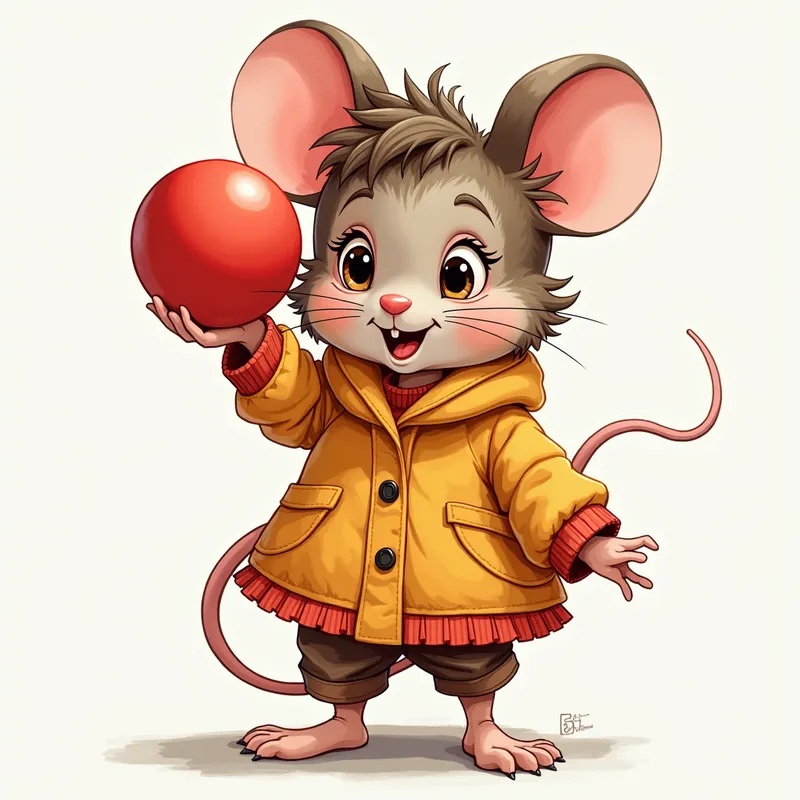 Colorful Girl Mouse with Red Ball - an illustration of a girl mouse with a red ball wearing vibrant clothes - AI image generated with Photorealistic 2