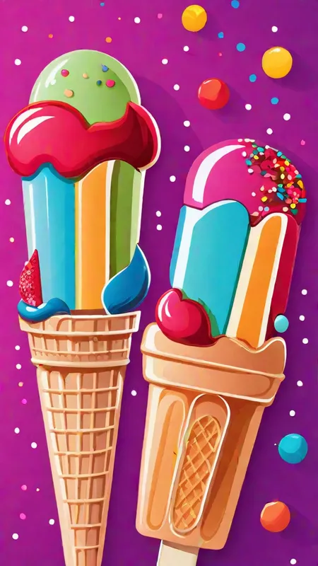 Colorful Ice Cream Doodle - Cartoon poster of Three colorful ice cream pops with sprinkles on a colorful background - AI image generated with Fictional - master shot, doodle