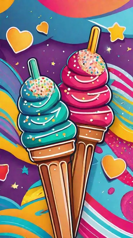 Colorful Ice Cream Doodle - Cartoon poster of  Three colorful ice cream pops with sprinkles on a colorful background - AI image generated with Fictional - master shot, doodle