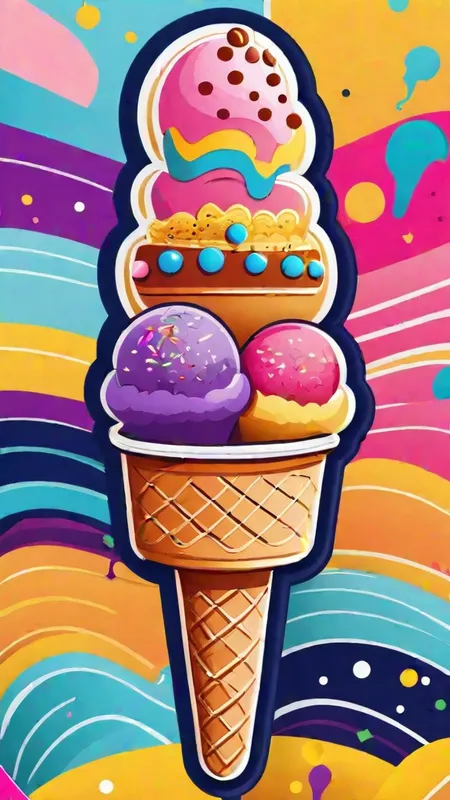 Colorful Ice Cream Doodle - Cartoon poster of  Three colorful ice cream pops with sprinkles on a colorful background - AI image generated with Fictional - master shot, doodle