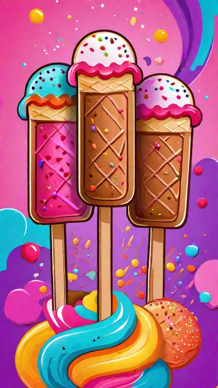 Colorful Ice Cream Doodle - Cartoon poster of  Three colorful ice cream pops with sprinkles on a colorful background - AI image generated with Fictional - master shot, doodle