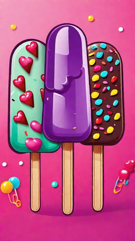 Colorful Ice Cream Doodle - Cartoon poster of  Three colorful ice cream pops with sprinkles on a colorful background - AI image generated with Fictional - master shot, doodle