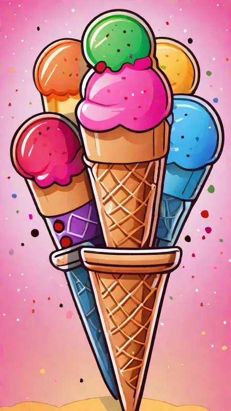 Colorful Ice Cream Doodle - Cartoon poster of  Three colorful ice cream pops with sprinkles on a colorful background - AI image generated with Fictional - master shot, doodle
