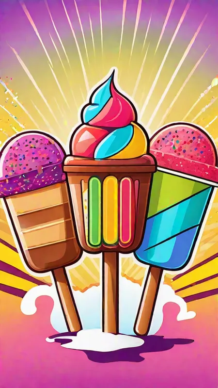 Colorful Ice Cream Doodle - Cartoon poster of  Three colorful ice cream pops with sprinkles on a colorful background - AI image generated with Fictional - master shot, doodle