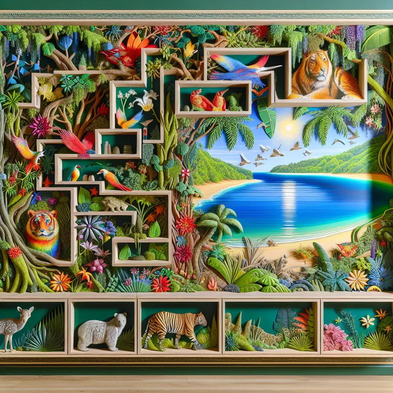 Colorful Jungle Retreat - A wall shelf unit that combines the charming vibrancy of a colorful jungle with the tranquility of island scenes. The unit includes elaborate designs with detailed foliage, animals, and beach elements, providing a lively and serene aesthetic. - AI image generated with Art